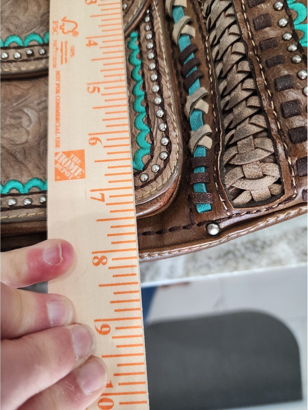Montana West Brown Leather Handbag with Turquoise Accents and Studded Detailing - Picture 8 of 9